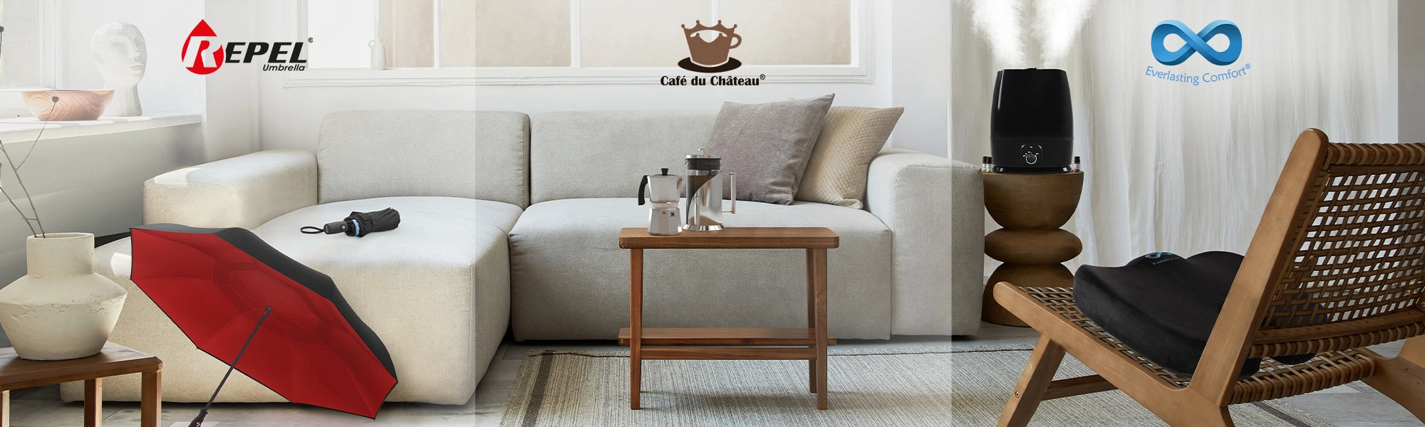Repel Umbrella logo, Cafe Du chateau logo, Everlasting Comfort logo