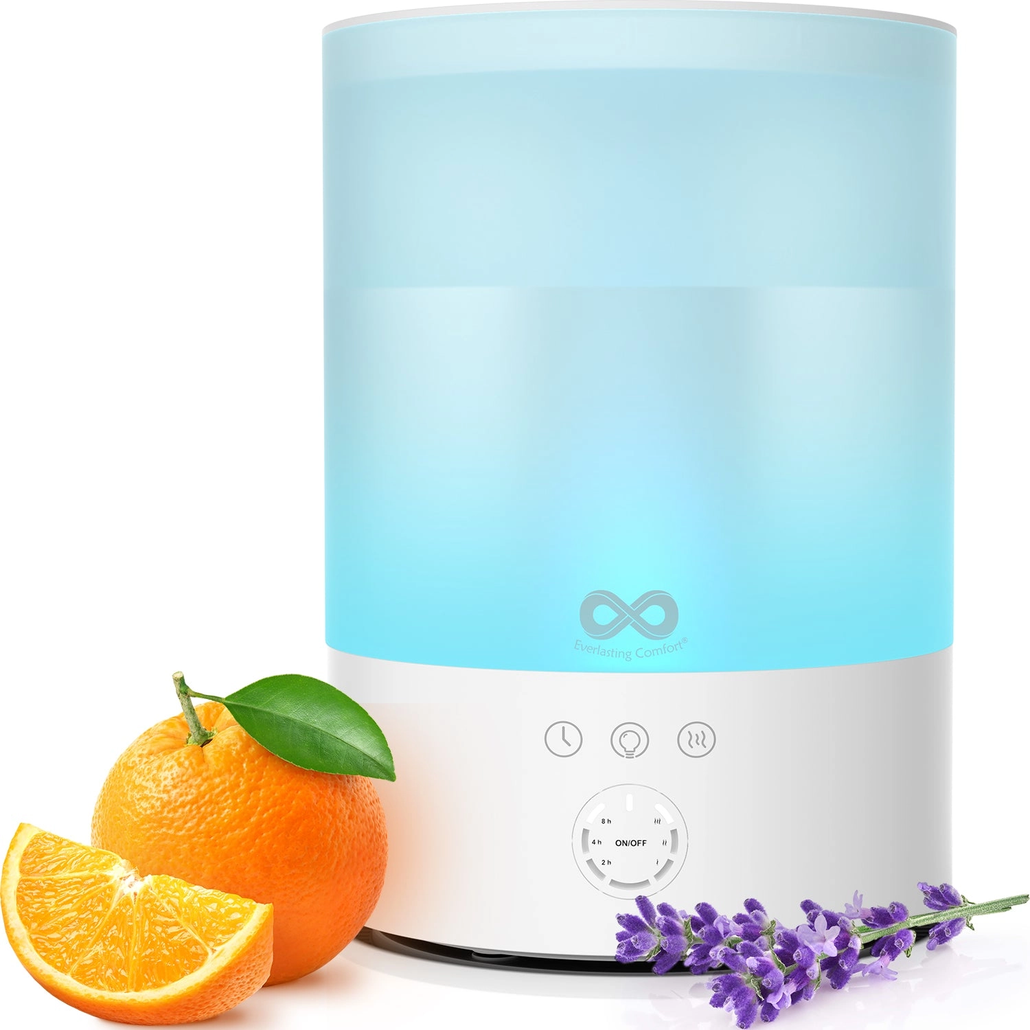 EVERLASTING COMFORT 2.5L TOUCH HUMIDIFIER beside an orange and lavender