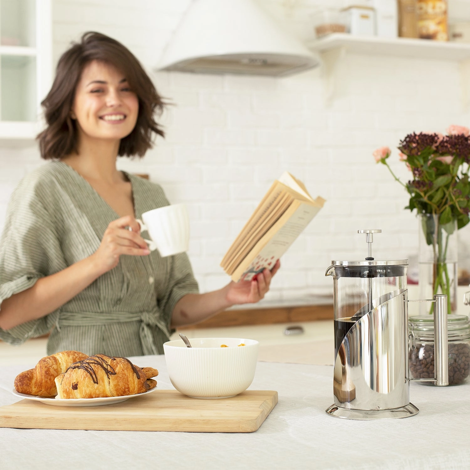 French press on a breakfast table
