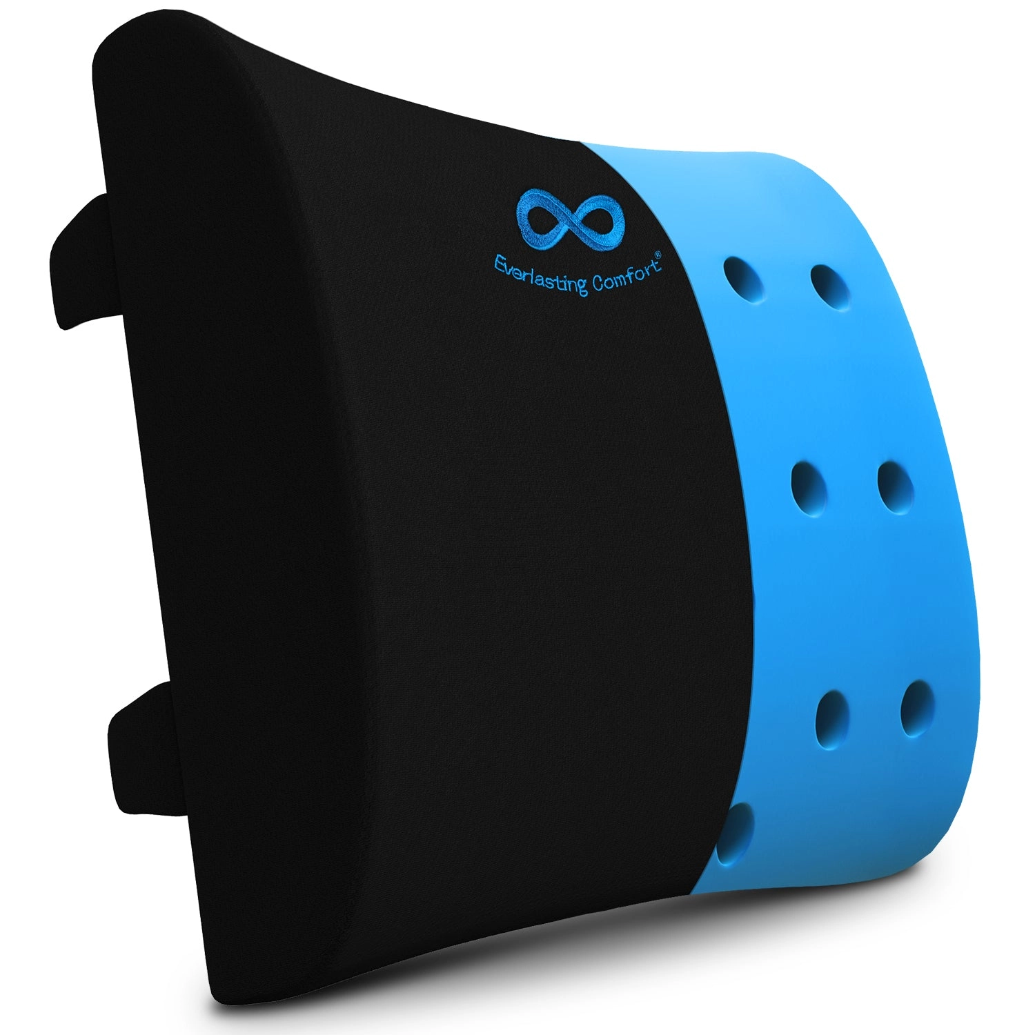 Gel-infused lumbar support cushion in black and blue