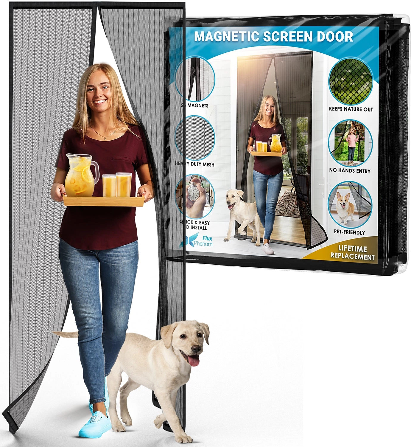 Magnetic Screen Door with a woman and a dog walking through it