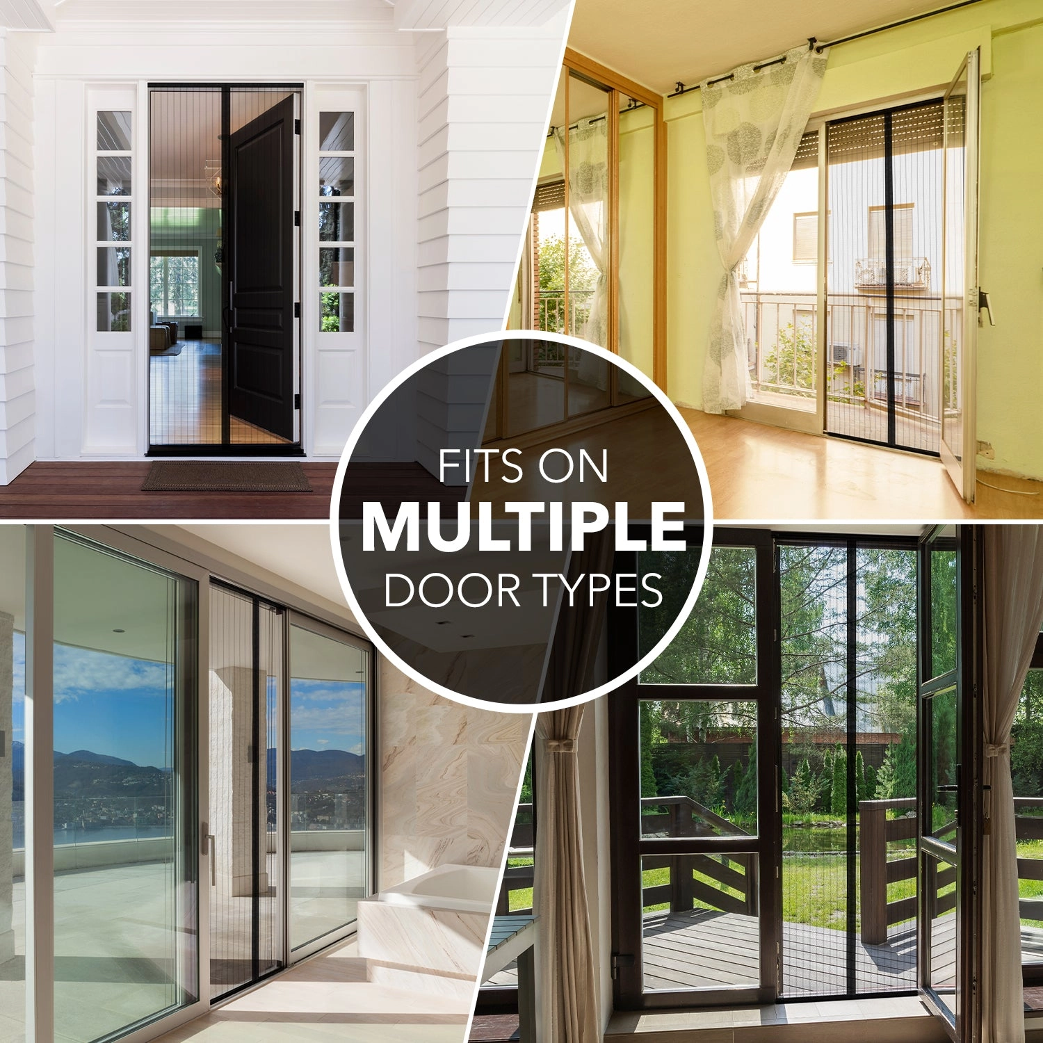 The magnetic screen door fits on multiple door types