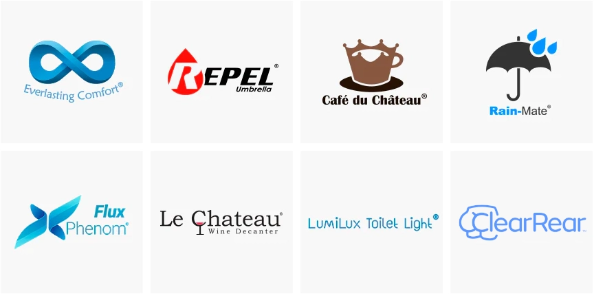 Everlasting Comfort, Repel Umbrella, Café du Château, Rain-Mate, Flux Phenom, Le Chateau Wine Decanter, LumiLux Toilet Light and ClearRear logos
