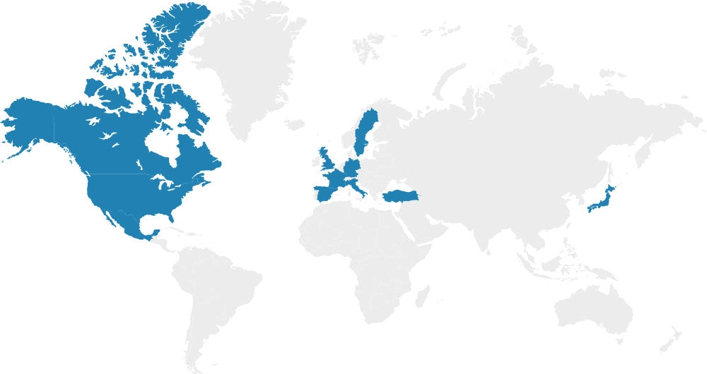 World map with the countries where the products are available highlighted in blue
