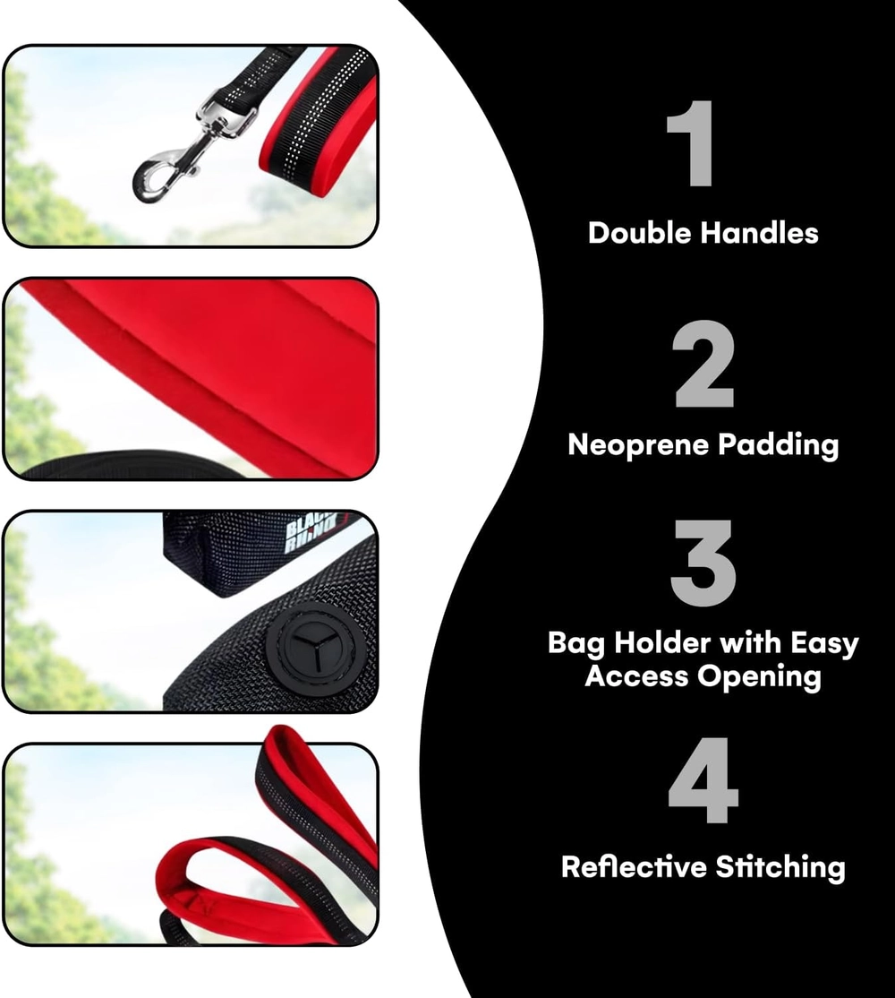 Black Rhino red dog leash with double handles, neoprene padding, bag holder and reflective stitching