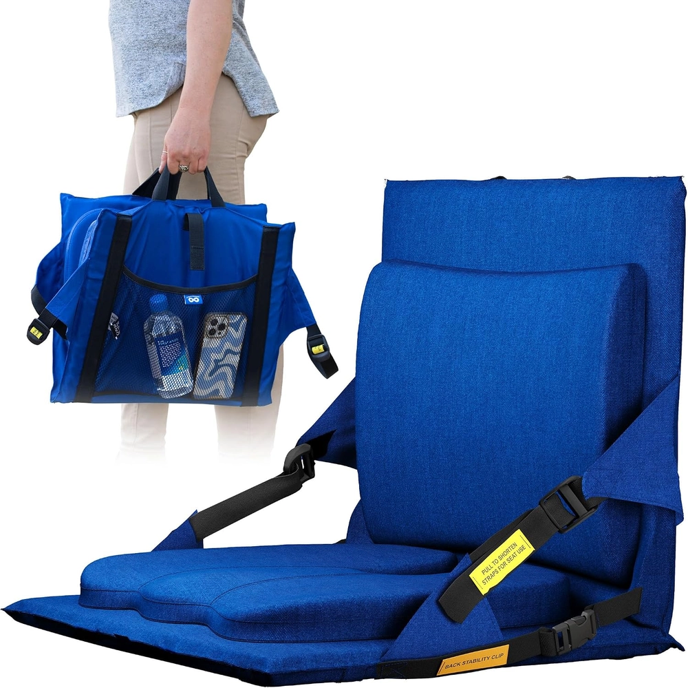 Blue stadium seat with back support and its carrying bag