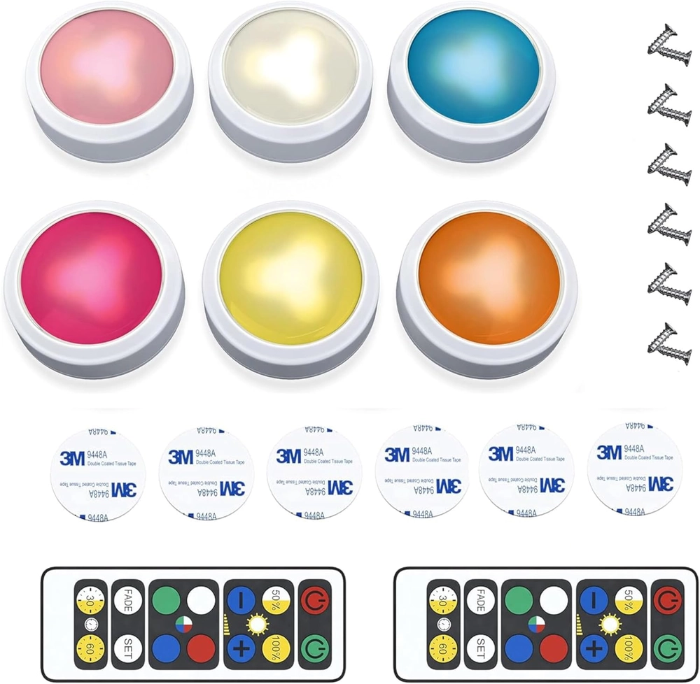 Six color-changing puck lights with two remotes