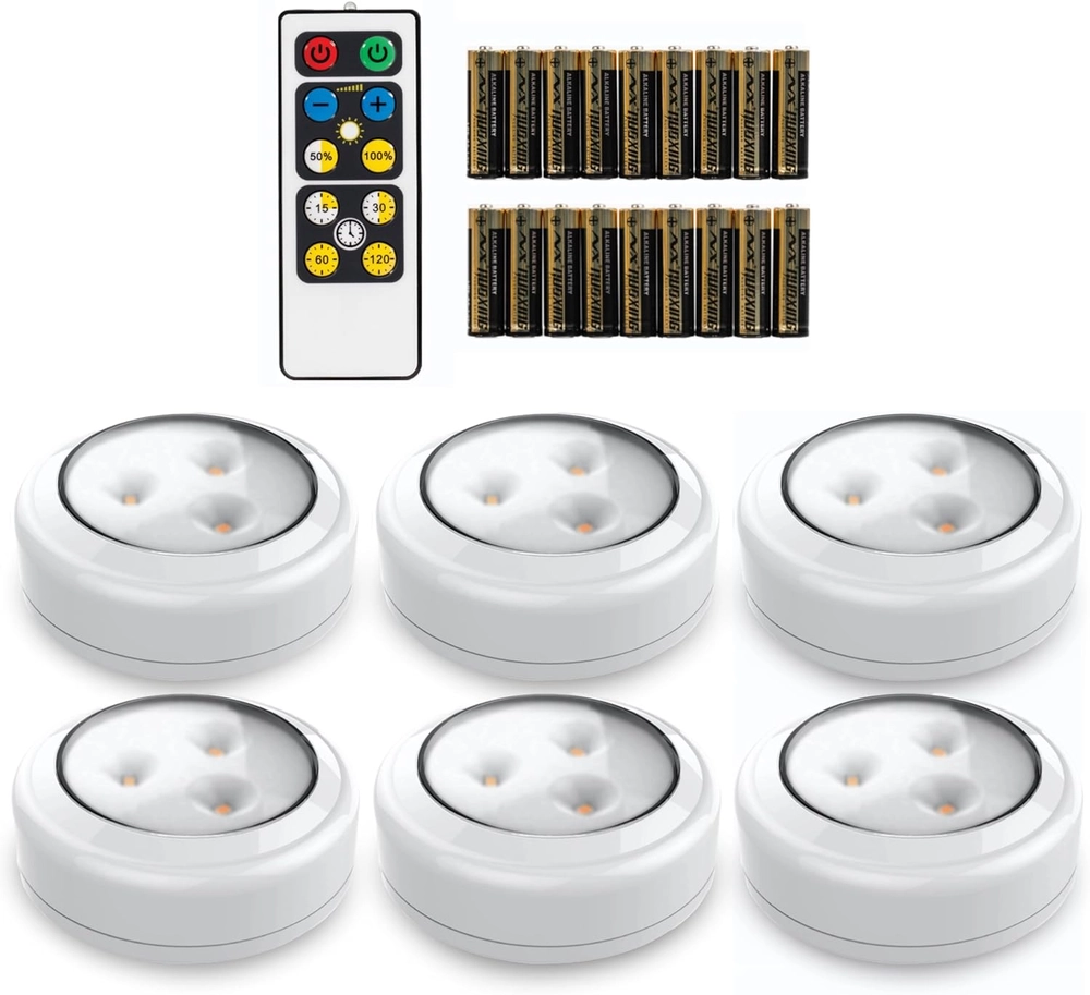 Six stick on push lights with remote and batteries